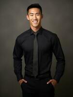 Smiling young man of Asian descent dressed in suit on gray background AI Generative photo