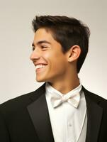 Smiling young man of Asian descent dressed in suit on gray background AI Generative photo
