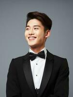 Smiling young man of Asian descent dressed in suit on gray background AI Generative photo
