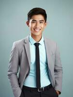 Smiling young man of Asian descent dressed in suit on gray background AI Generative photo