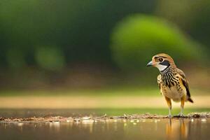 a bird standing on the ground near water. AI-Generated photo