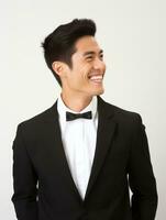 Smiling young man of Asian descent dressed in suit on gray background AI Generative photo