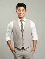 Smiling young man of Asian descent dressed in suit on gray background AI Generative photo