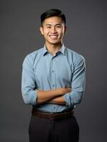 sonriente joven hombre de asiático descendencia vestido en traje en gris antecedentes ai generativo foto