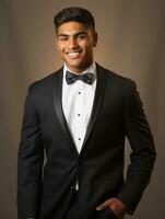 Smiling young man of Asian descent dressed in suit on gray background AI Generative photo