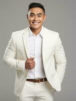 Smiling young man of Asian descent dressed in suit on gray background AI Generative photo