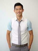 Smiling young man of Asian descent dressed in suit on gray background AI Generative photo