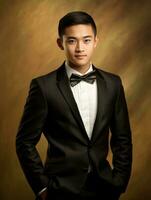 Smiling young man of Asian descent dressed in suit on gray background AI Generative photo