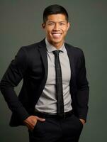 Smiling young man of Asian descent dressed in suit on gray background AI Generative photo