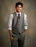 Smiling young man of Asian descent dressed in suit on gray background AI Generative photo