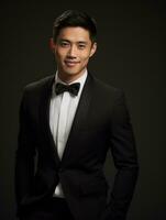 Smiling young man of Asian descent dressed in suit on gray background AI Generative photo