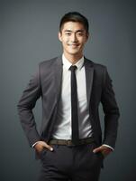 Smiling young man of Asian descent dressed in suit on gray background AI Generative photo