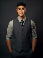 Smiling young man of Asian descent dressed in suit on gray background AI Generative photo