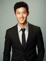 Smiling young man of Asian descent dressed in suit on gray background AI Generative photo