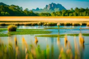 a lake with tall grass and a mountain in the background. AI-Generated photo