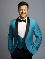 Smiling young man of Asian descent dressed in suit on gray background AI Generative photo