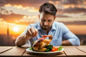 un hombre es comiendo un pollo en un plato con un puesta de sol en el antecedentes. generado por ai foto