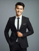 Smiling young man of Asian descent dressed in suit on gray background AI Generative photo