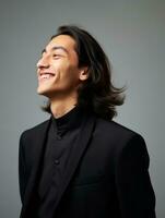 Smiling young man of Asian descent dressed in suit on gray background AI Generative photo