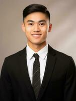 Smiling young man of Asian descent dressed in suit on gray background AI Generative photo