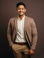 Smiling young man of Asian descent dressed in suit on gray background AI Generative photo