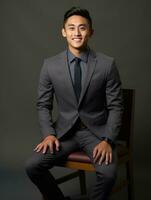 Smiling young man of Asian descent dressed in suit on gray background AI Generative photo