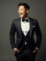 Smiling young man of Asian descent dressed in suit on gray background AI Generative photo