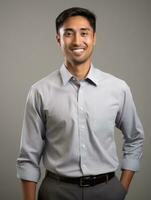 Smiling young man of Asian descent dressed in suit on gray background AI Generative photo