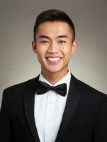 Smiling young man of Asian descent dressed in suit on gray background AI Generative photo