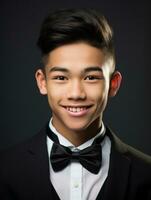 Smiling young man of Asian descent dressed in suit on gray background AI Generative photo