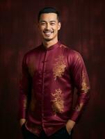Smiling young man of Asian descent dressed in suit on gray background AI Generative photo