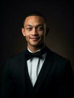 Smiling young man of Asian descent dressed in suit on gray background AI Generative photo