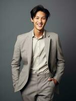 Smiling young man of Asian descent dressed in suit on gray background AI Generative photo