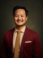 Smiling young man of Asian descent dressed in suit on gray background AI Generative photo