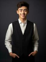 Smiling young man of Asian descent dressed in suit on gray background AI Generative photo