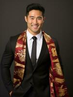 Smiling young man of Asian descent dressed in suit on gray background AI Generative photo