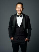 Smiling young man of Asian descent dressed in suit on gray background AI Generative photo