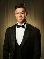 Smiling young man of Asian descent dressed in suit on gray background AI Generative photo