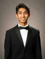 Smiling young man of Asian descent dressed in suit on gray background AI Generative photo