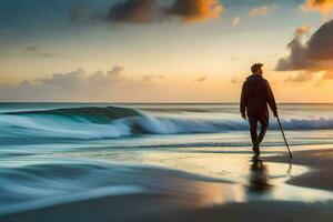 un hombre caminando en el playa a puesta de sol. generado por ai foto