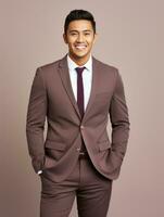 Smiling young man of Asian descent dressed in suit on gray background AI Generative photo