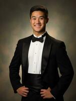 Smiling young man of Asian descent dressed in suit on gray background AI Generative photo