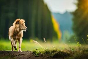 un león caminando en el césped. generado por ai foto