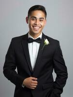 Smiling young man of Asian descent dressed in suit on gray background AI Generative photo