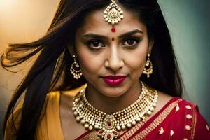 an indian woman wearing jewelry and a red sari. AI-Generated photo