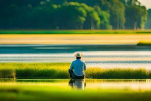 a man sitting on the edge of a lake. AI-Generated photo