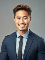 Smiling young man of Asian descent dressed in suit on gray background AI Generative photo