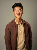 sonriente joven hombre de asiático descendencia vestido en traje en gris antecedentes ai generativo foto