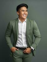 Smiling young man of Asian descent dressed in suit on gray background AI Generative photo