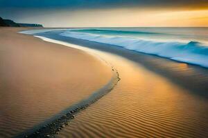 a long exposure photograph of the ocean and sand at sunset. AI-Generated photo